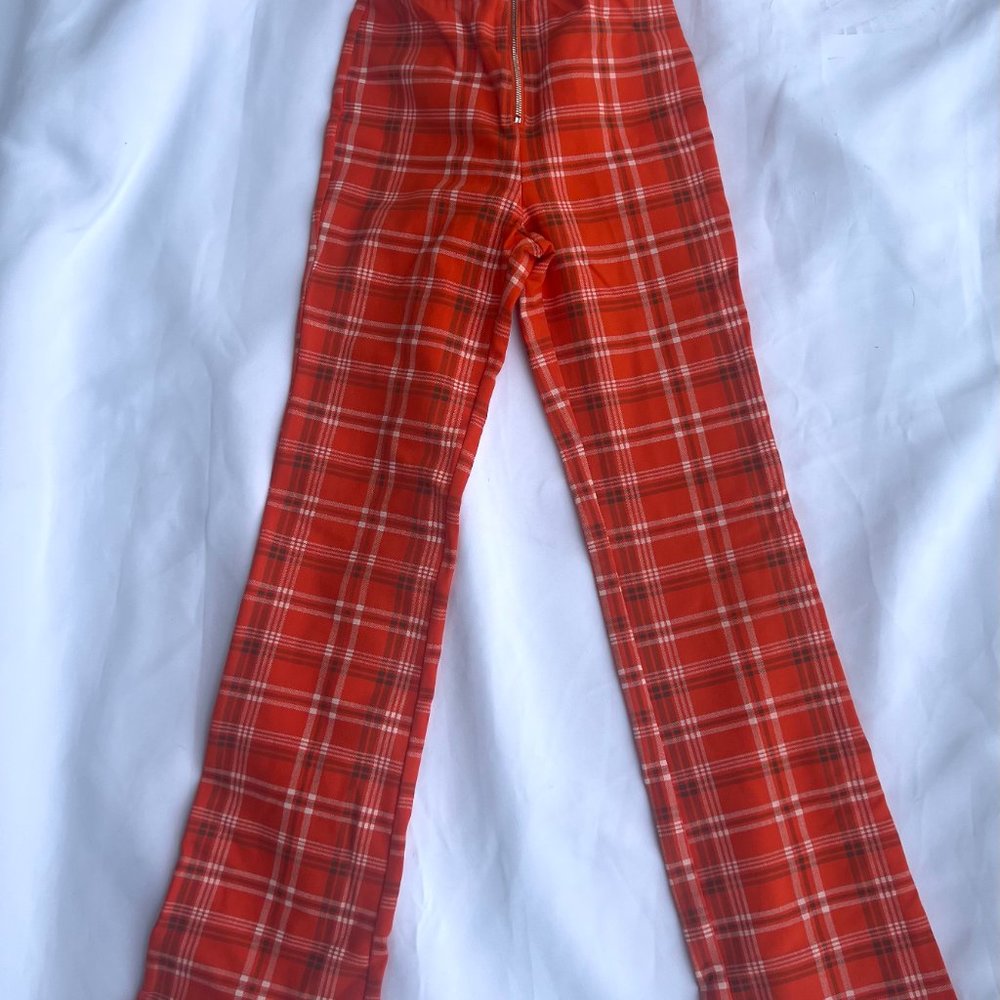 I.AM.GIA Polaris Orange Plaid High Rise Zip Front Flared Ponte Knit Pants Size S